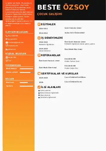 Çocuk Gelişimi Bölümü CV Örnekleri cv indir